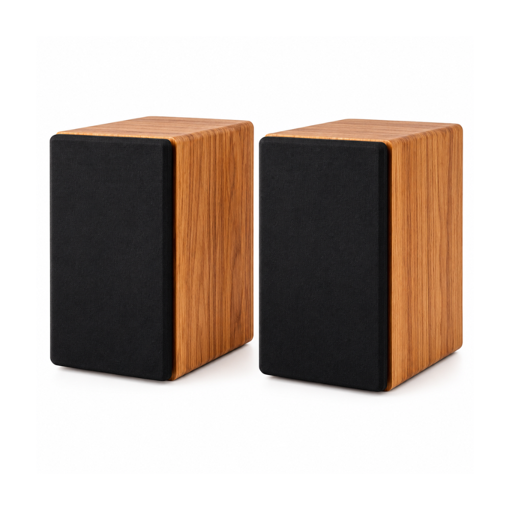 Enceintes HiFi bibliothèque bois | Les Voyageuses