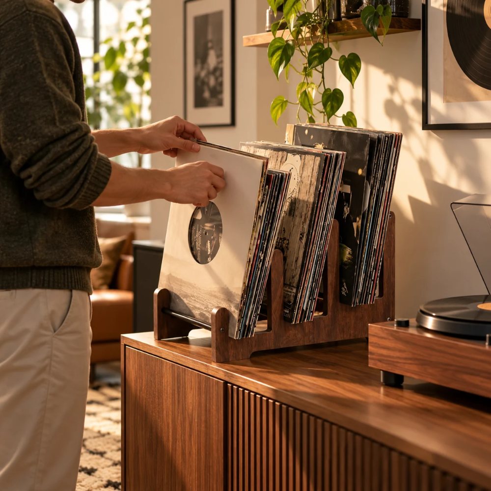 Support de rangement vinyle compact en bois | Le Sillon